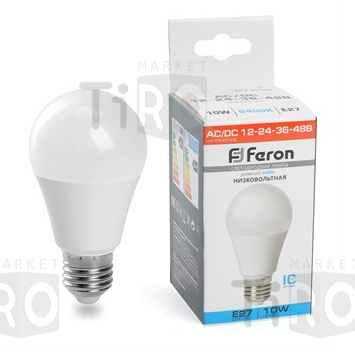 Лампа светодиодная Feron LB-192, А60, низковольтная, 10Вт, 12-48В, Е27, 6400К