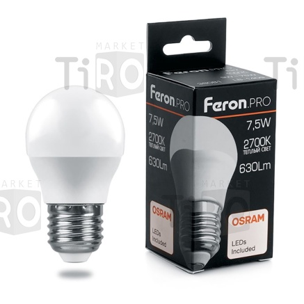 Лампа светодиодная Feron G45, LB-1407, "шар", 7,5Вт, 220В, Е27, 2700К