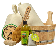 Подарочный набор "Добрый жар" 8 предметов (ушат, шапка, коврик, термометр, щётка, ароматизатор, соля)