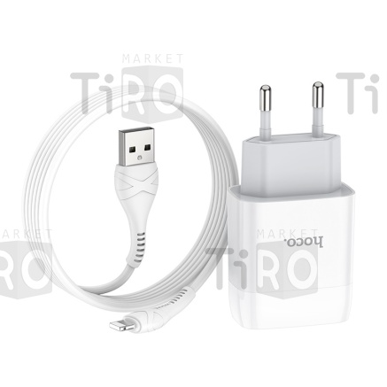 Сетевое зарядное устройство Hoco C73A, 2USB, 2.4A+кабель Apple 1м, цвет белый