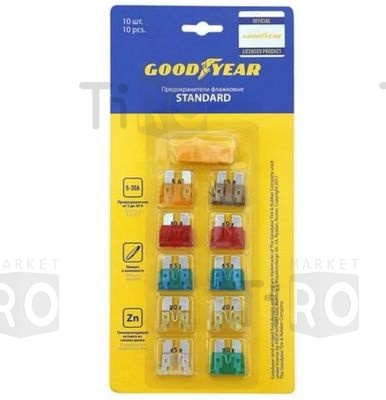 Набор флажковых пластиковых предохранителей Goodyear стандарт 10 штук + экстрактор (5А; 7.5А; 10А; 15А)
