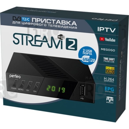 Цифровой ресивер Perfeo "Stream-2" (DVB-T2/С, HDMI, 2-USB, пульт ДУ)