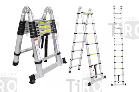 Лестница телескопическая, алюминиевая, двухсторонняя с шарниром, 2,2м+2,2м, 7+7 ступеней