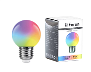 Лампа светодиодная Feron LB-37, G45, 1Вт, 220В, Е27, RGB, прозрачная, быстрая смена цвета, "шар"