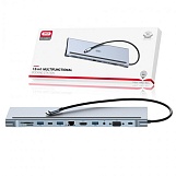 Адаптер-хаб XO HUB010 12в1 (Type-C to HDMI+VGA+SD+4*USB3.0+USB2.0+3,5mm+RJ45+PD), серый металлик