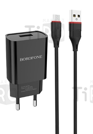 Сетевое зарядное устройство Borofone BA20A, 1USB+кабель Micro, 2,1А, цвет черный