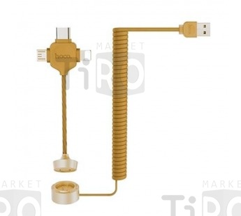 Кабель Hoco U19 для мобильных устройств USB 3в1 (Apple, Micro, Type-C), магнитный, 1,2м, золотой