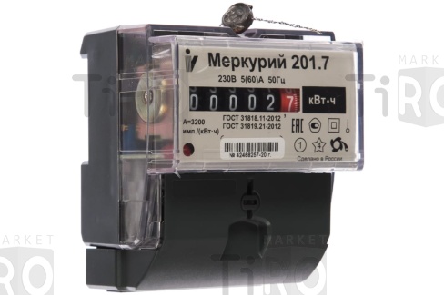 Счетчик электр однофазный Меркурий 201.7 5-60А, 220 В на din-рейку поверка