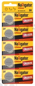 Батарейка Navigator 94764 CR2025 3V 5шт. /20/ Батарейка Navigator 94764 CR2025 3V 5шт. /20/