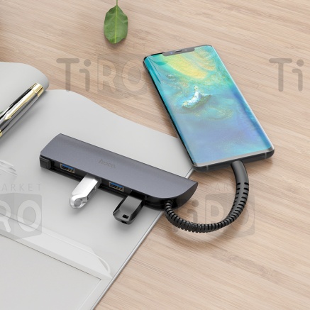 Адаптер-Хаб Hoco HB12 (Type-C -4USB) серый металлик