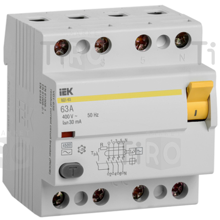 Выключатель дифференциального тока УЗО, 4п, 63А, 30мА (электромеханический) ИЭК