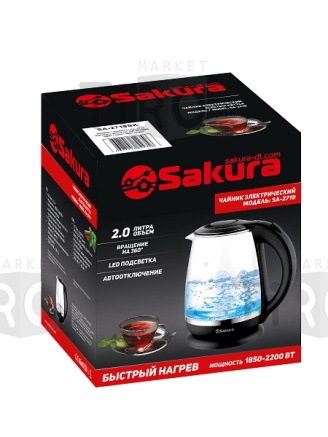 Чайник 2.0л, Sakura SA-2719BK диск стеклянный подсветка