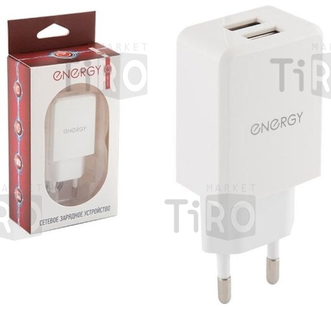 Сетевое зарядное устройство Energy ET-08, 2 USB разъема, 2,1А, цвет - белый