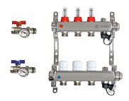Коллекторная группа Taen с расходомерами, сливным краном и воздухоотводчиком, нержавеющая сталь 1"3/4, 3 выхода