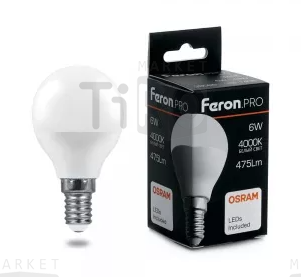 Лампа светодиодная Feron G45, LB-1406, "шар", 6Вт, 220В