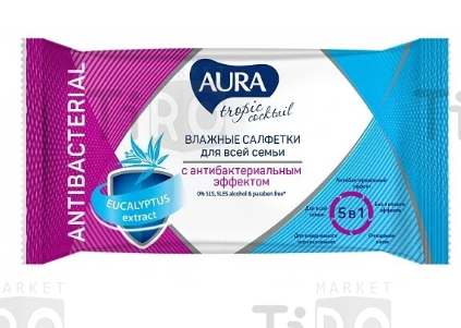 Салфетки влажные Aura Tropic 15 листов, антибактериальные
