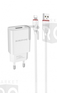 Сетевое зарядное устройство BOROFONE BA20A, 1USB+кабель Apple, 2,1А, цвет белый