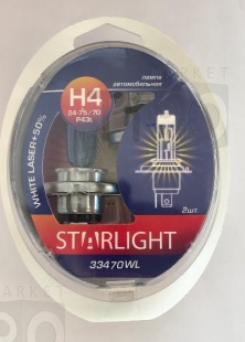Автомобильная лампа Star Light 33470WL, Н4 24-75/70 р43t White Lazer +50% к-т 2шт