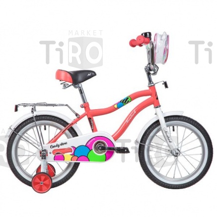 Велосипед Novatrack 16", Candy, 133976 коралловый, полная защита цепи, тормоз ножной, сумочка на руль