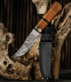 Нож охотничий, в чехле, 23 см, лезвие с узором, рукоять деревянная с тёмной вставкой