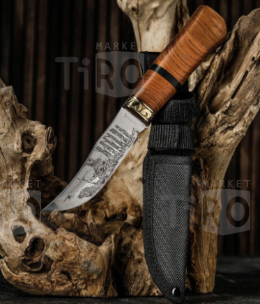 Нож охотничий, в чехле, 23 см, лезвие с узором, рукоять деревянная с тёмной вставкой