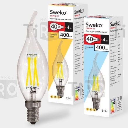 Лампа светодиодная Sweko 17LED-C35-4W-230-3000K-Е14-TCL