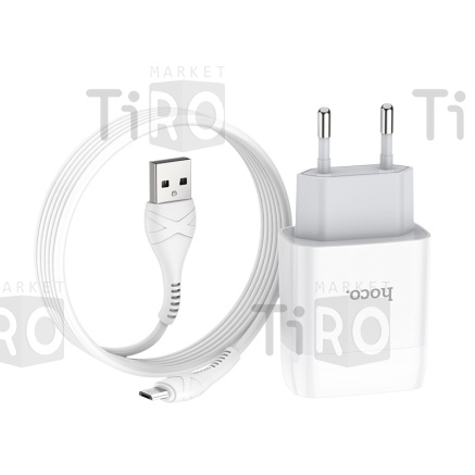 Сетевое зарядное устройство Hoco C73A, 2USB, 2.4A+кабель Micro 1м, цвет белый