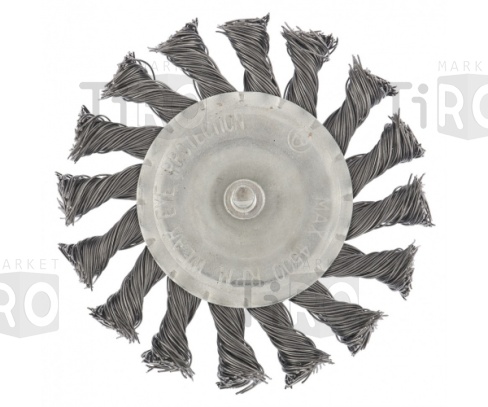 Щетка металлическая для дрели Tundra, со шпилькой, крученая проволока, плоская, 100 мм