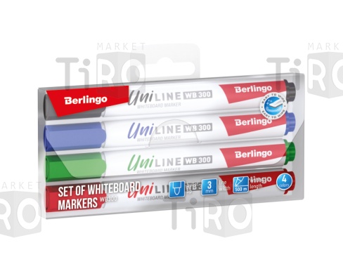 Маркер для белых досок Berlingo "Uniline WB300", набор 4 цвета, пулевидный, 3мм