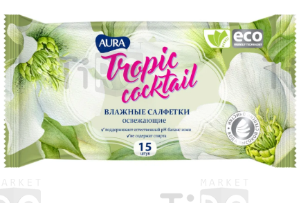 Салфетки влажные Aura Tropic 15 листов, освежающие Салфетки влажные Aura Tropic 15 листов, освежающие