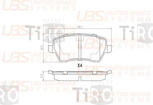 Тормозные колодки передние B1105007 \4106000Q0K\UBS RENAULT DUSTER/ЛАРГУС 116.2 x 52.1x 17.3   FPE127 , GDB3332  (без ESP)