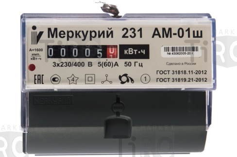 Счетчик электрический трехфазный Меркурий 231 АМ-01Ш  5-60А 380В кл.1