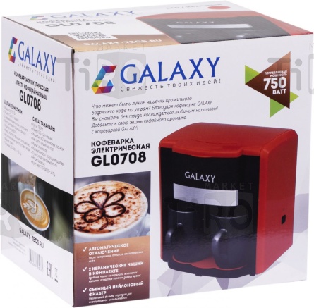 Кофеварка 750Вт, 0,3л., 2 чашки, Galaxy GL-0708, красная