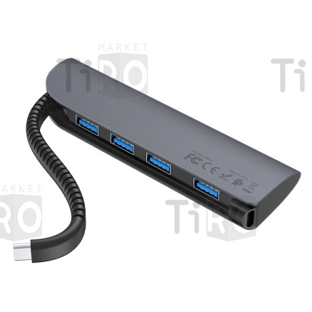Адаптер-Хаб Hoco HB12 (Type-C -4USB) серый металлик