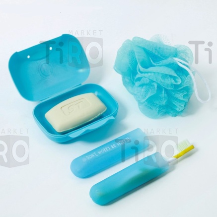 Набор банный ХК в сумке 4 предмета: мочалка, мыльница, расческа, футляр для щетки, синий