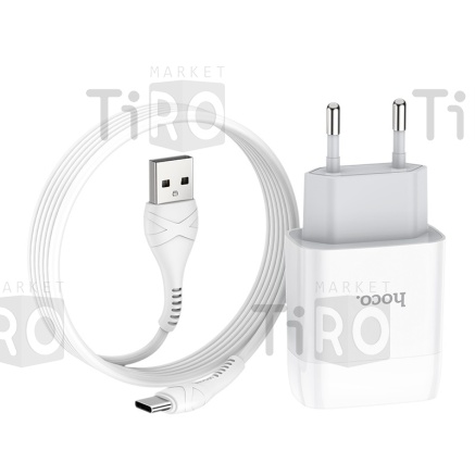 Сетевое зарядное устройство Hoco C73A, 2USB, 2.4A+кабель Type-C 1м, цвет белый