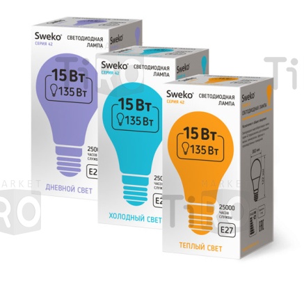 Лампа светодиодная Sweko 42LED-A60-15W-230-6500K-Е27-Р, "груша"