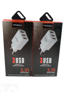 Сетевое зарядное устройство TREQA CS-209, 3USB+кабель Apple 1м, белый