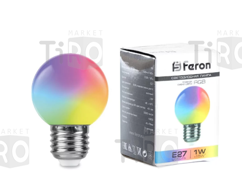Лампа светодиодная Feron LB-37, G45, 1Вт, 220В, Е27, RGB, прозрачная, быстрая смена цвета, "шар"